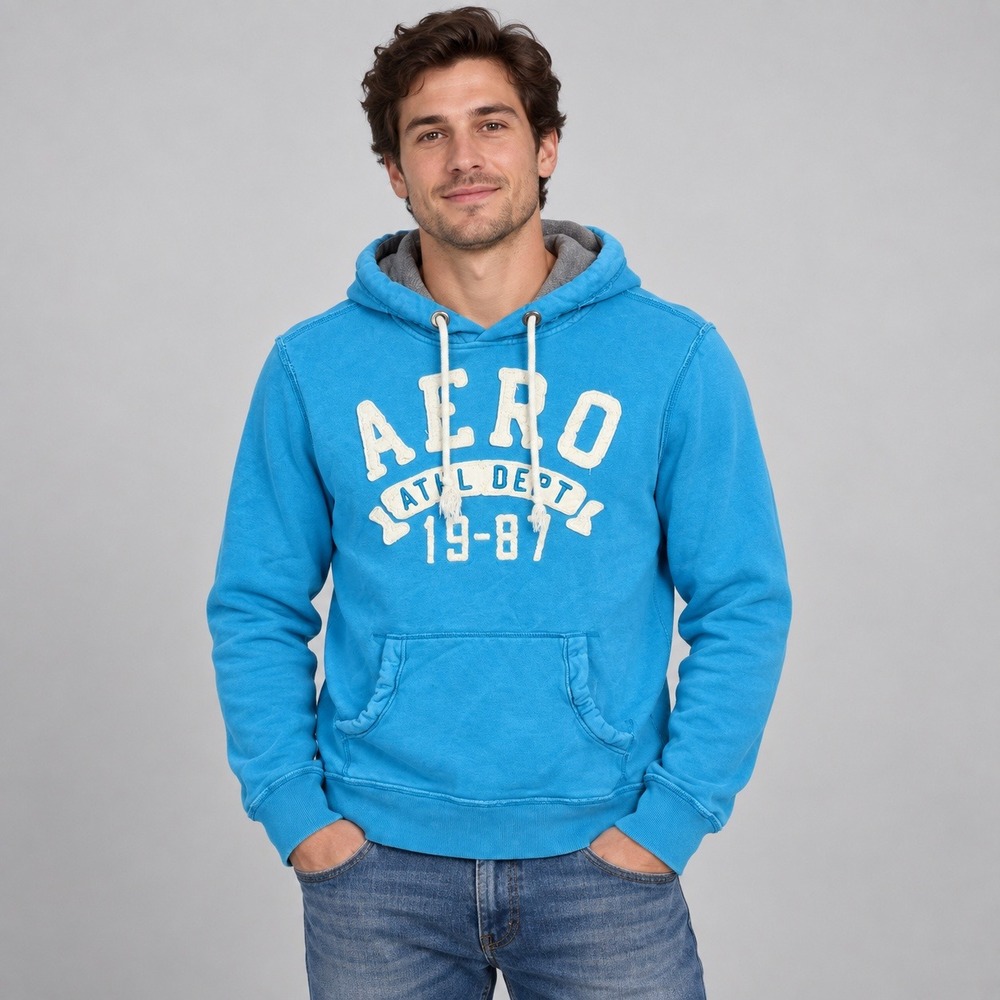 Aeropostale Mens M Blue Hoodie Ath Dept 1987 Chenille Spellout Fleece Pullover